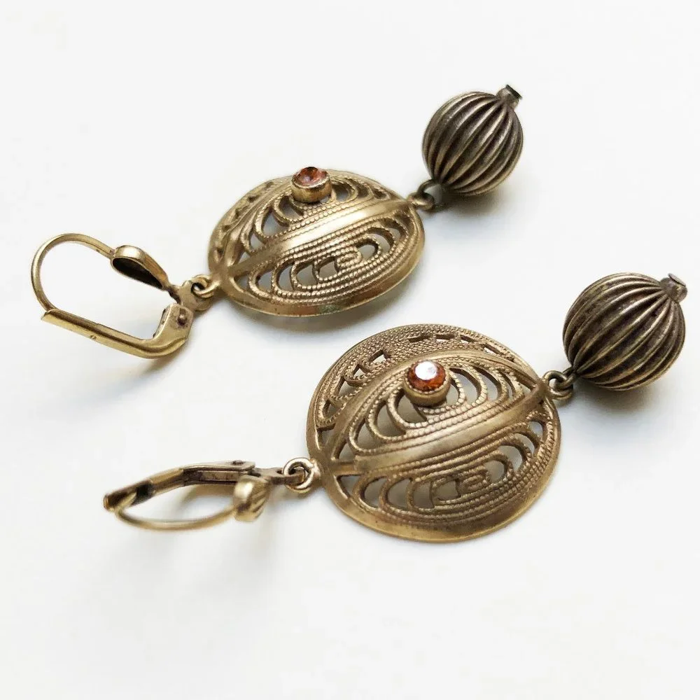 Gold filigree earrings dangle, fancy golden circle earrings